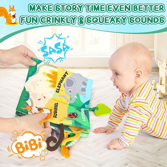 Soft Baby Book - Baby Toy - Newborn Boys Girls Shower Gift - Tummy Time Toy for Infant 0-6 6-12 Months - Touch and Feel Sensory Crinkle Book with Teether for Toddler