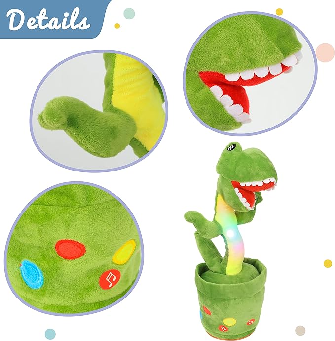 Hopearl Glowing Dancing Dinosaur Toy Repeats What You Say Talking T-Rex Toy Wriggle Singing Mimicking Twisting Light Up Interactive Animated Toy Speaking Plush Gift for Kids, Green, 13''