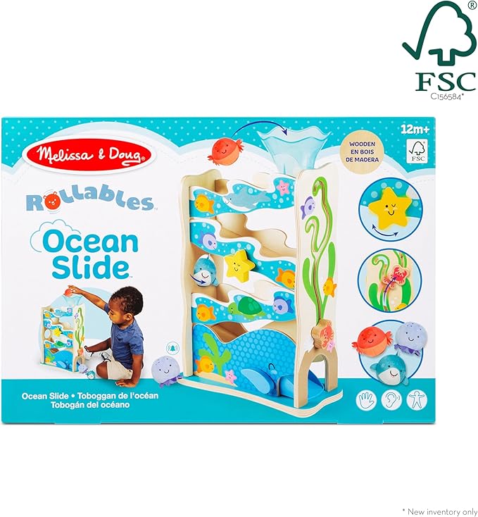 Melissa & Doug Rollables Ocean Slide Wooden Baby Ball Drop Toy, 5-Piece Ocean-Themed Infant Toys, Early Learning Activity for Fine Motor Skills & Sensory Play, Toddler Toys for Kids Ages 12m+