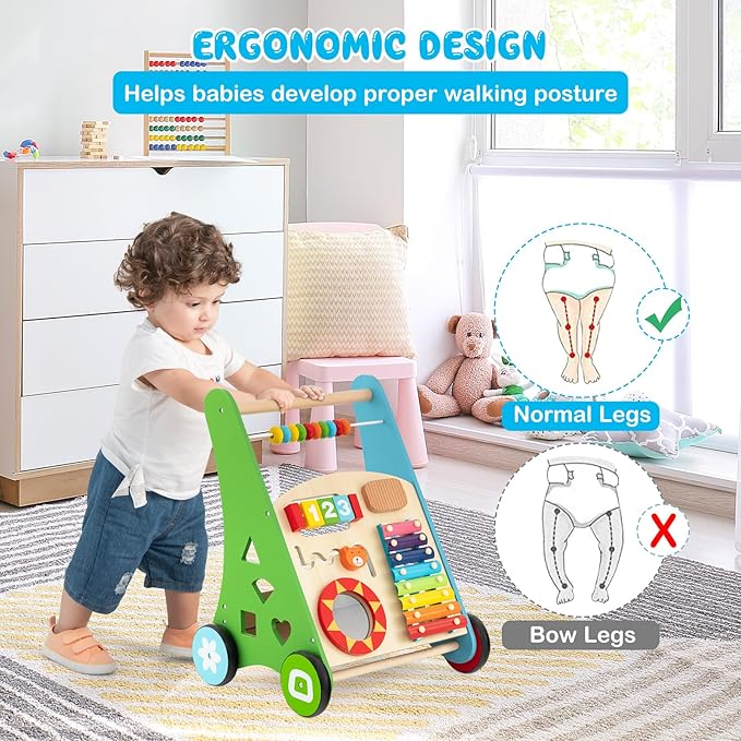 HONEY JOY Baby Push Walker, Wooden Infant Walker Activity Center with Shape Sorter, Develop Motor Skills & Creativity, Push Toys for Babies Learning to Walk, Gift for Boys and Girls, Colorful