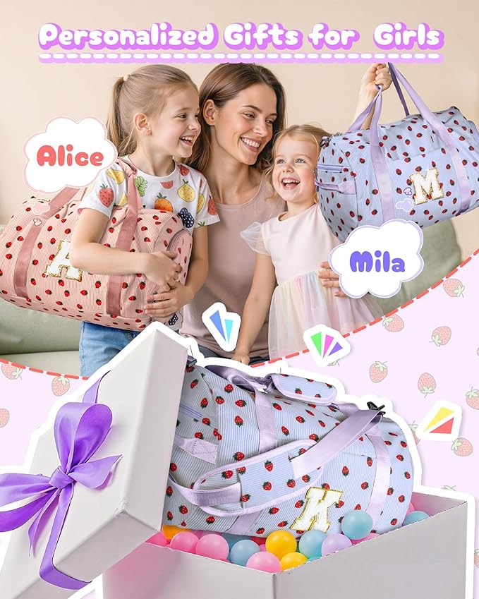 Dance Recital Gifts for Girl, Girls Gym Bag, Kids Personalized Overnight Duffle Bags with Shoe Compartment, Monogram Travel Tote with Makeup Bag, Gift Ideas for Niece Sister (Letter W)