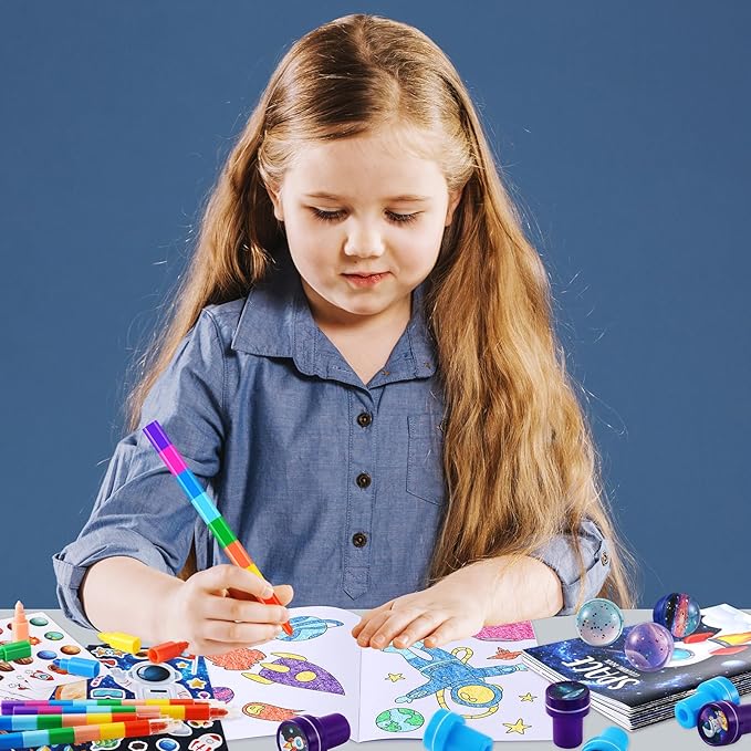 BenLouis 84Pcs Outer Space Themed Party Favors Space Alien Coloring Books Crayons Sticker Stampers Set Bulk Classroom Prizes for Kids Astronaut Planet Birthday Party Goodie Bags Fillers