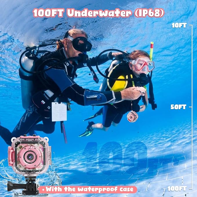 PROGRACE Kids Waterproof Camera - Birthday for 3-12 Year Old Girls 1080P HD Underwater Video Camera for Kids Pool Toys Toddler Digital Cameras with 32GB SD Card Pink