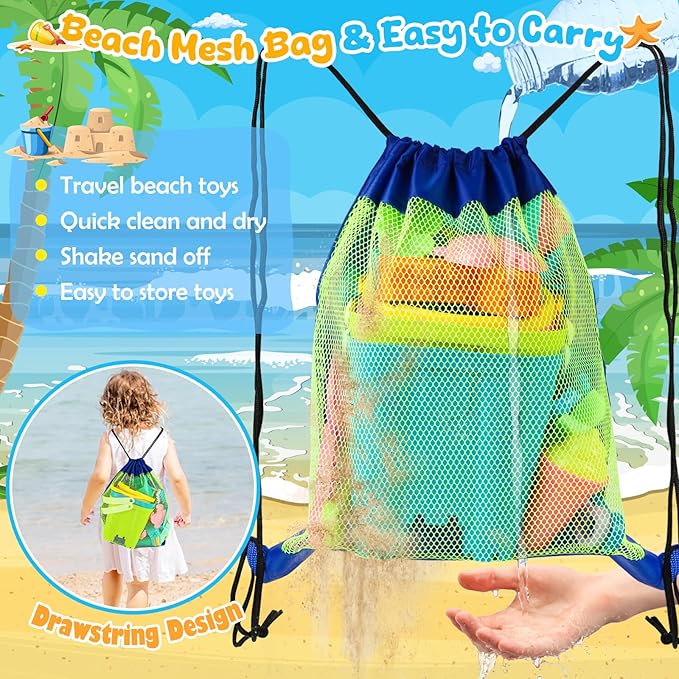 Beach Toys for Kids Toddlers, Sand Castle Toys with 4 Sand Bucket and Shovels, Mesh Bag & Molds, Ice Cream Travel Sandbox for Beach Sandbox for Toddlers Kids Baby Boys Girls Age 3-10