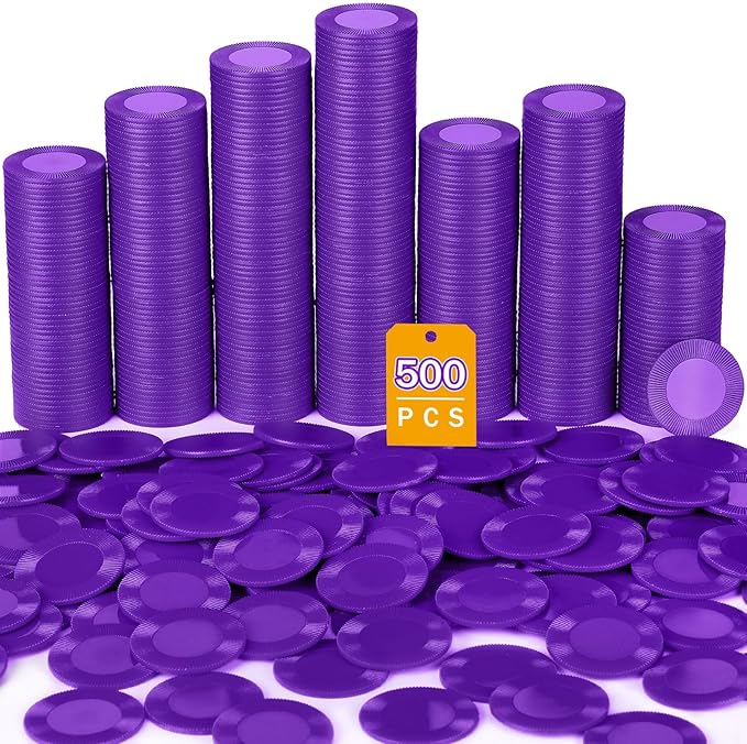 Leitee 500 Pcs Purple Plastic Poker Chips Bulk 1.5 Inch Mini Bingo Chips Tokens Markers Blank Casino Counting Discs Learning Math Counters for Adults Interlocking Game Counting Reward Card