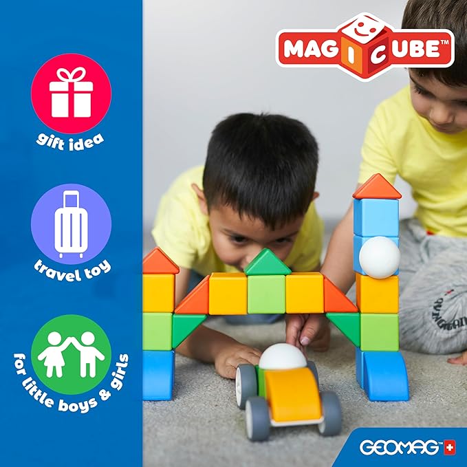 Geomag MagiCube Magnetic Blocks for Toddlers & Kids Ages 1-5 | Swiss-Made STEM Building Toy Sets | Animal, Vehicle, Recycled Plastic Themes | (32-Piece - Classic Set)