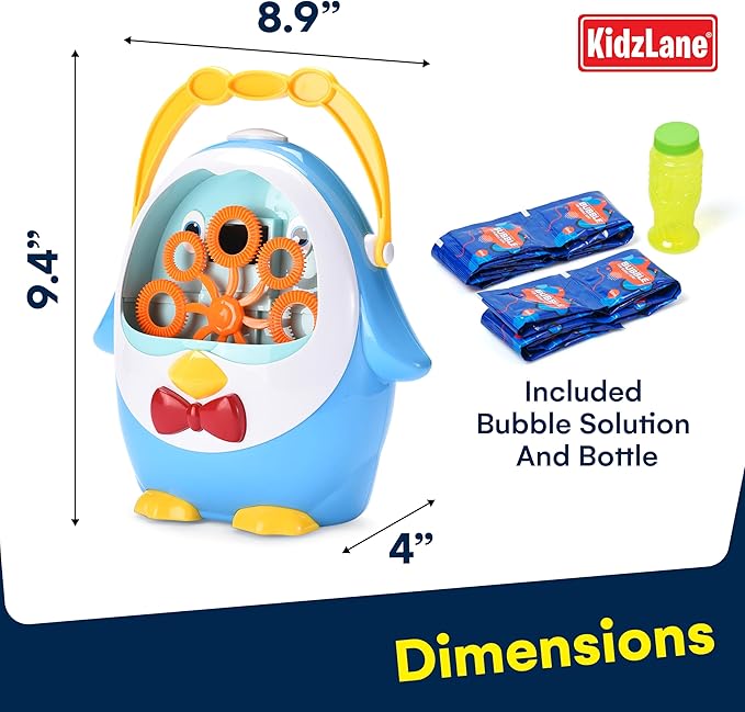 Kidzlane Penguin Bubble Machine for Kids - Made of Durable Plastic - Blows 500 Bubbles Per Minute, Quiet Low Sound Motor - No-Spill Bubble Maker for Kids - 3 Years Up