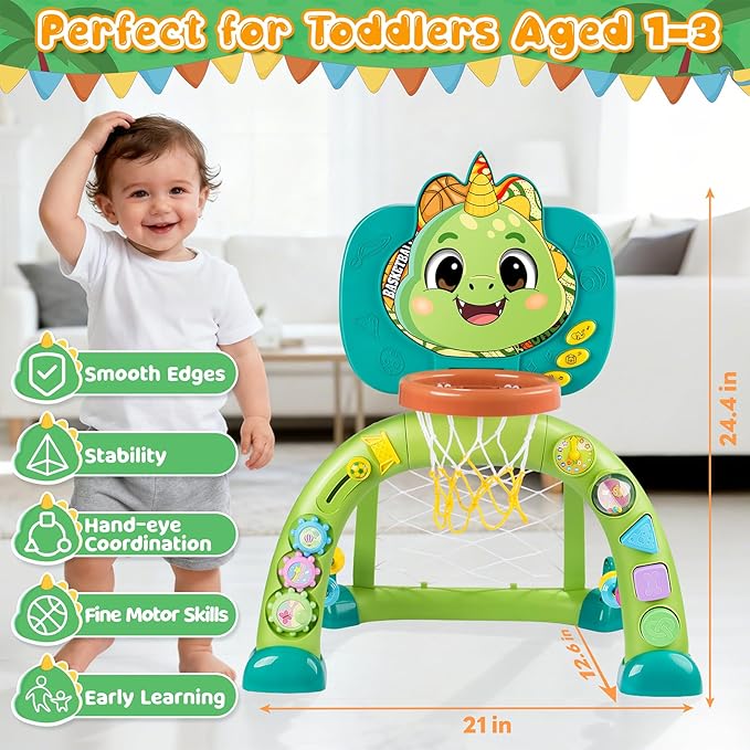Toddler Basketball Hoop & Soccer Goal, Dinosaur Sports Play Toy Activity Center, Interactive Musical Sports Toys with Light, Christmas Birthday Gift for Boys Girls Age 1-3