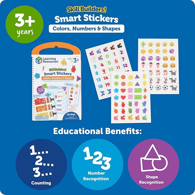 Learning Resources Skill Builders Smart Stickers Colors, Numbers, and Shapes, Reusable Sticker Book, Montessori Busy Book, Preschool Classroom Must Haves, Busy Books