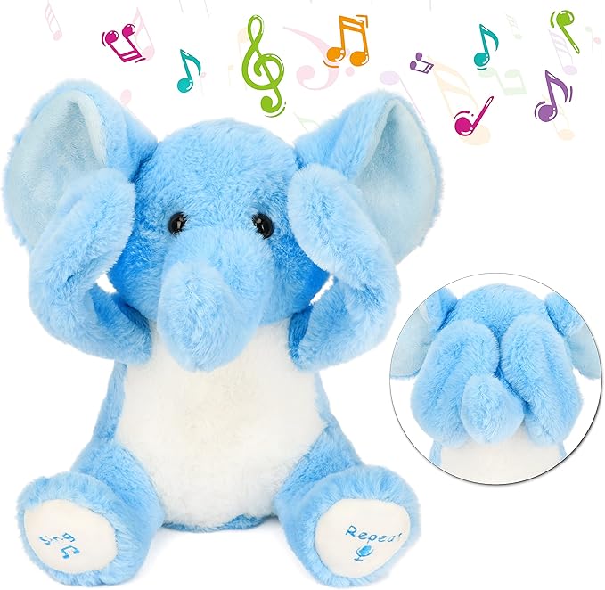 Hopearl Peek A Boo Elephant Interactive Repeats What You Say Plush Elephish Toy Musical Singing Talking Stuffed Animal Adorable Electric Animate Birthday Festival, Blue, 11.5''