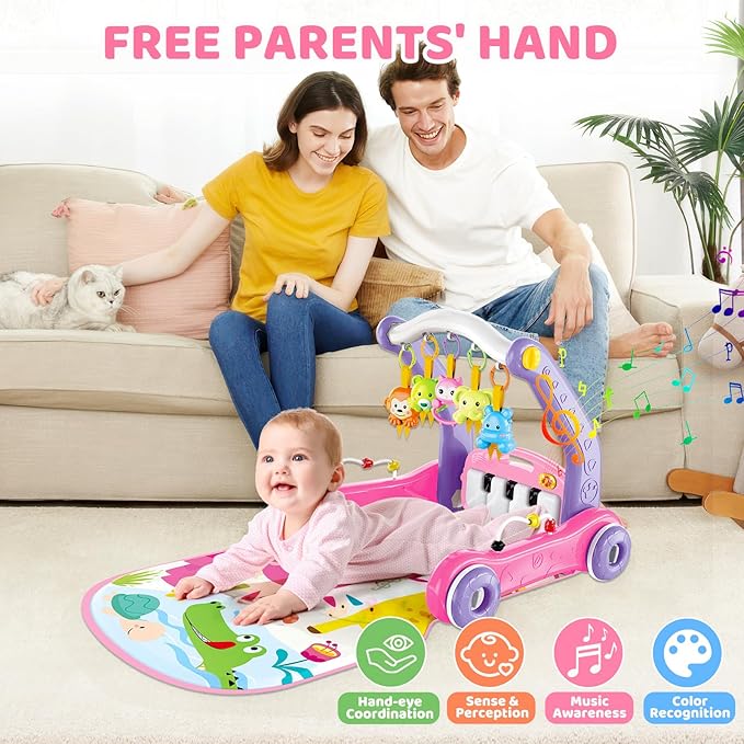 4-in-1 Baby Gym Play Mat with Learning Walker, Tummy Time Mat & Baby Push Toys for Newborn Infant 0-3-6-9-12 Month Boy Girl, Babies Activity Center with Play Piano & Lights, Ideal Toddler Babies Gifts