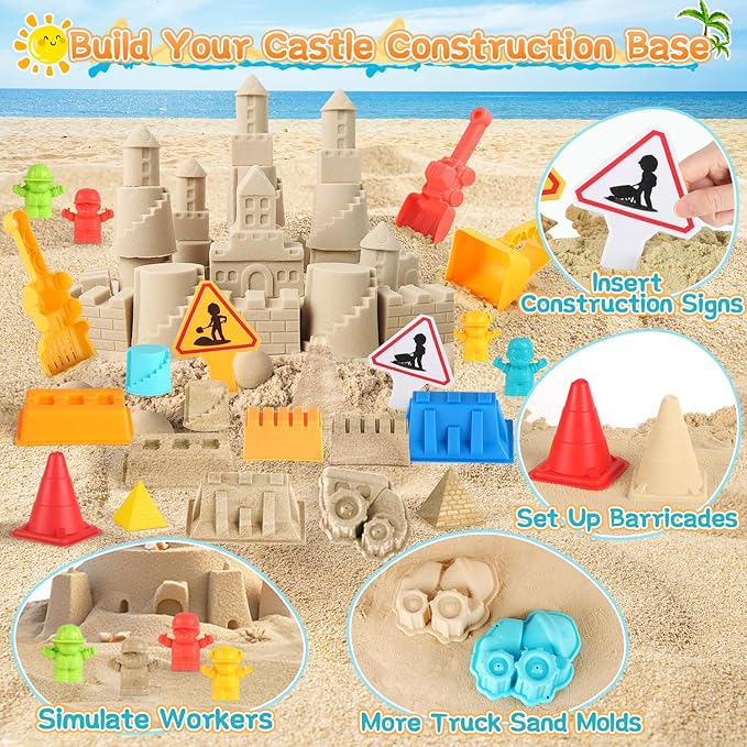 Beach Sand Toys, Large Dump Truck with Bucket, Sandbox Construction Toy Sand Castle Building Kit with Mesh Bag, Sand Molds, Shovels, Worker Figures, Kids Toddlers Summer Outdoor Travel Toys