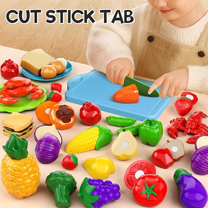 Toddler Toys Play Food Set, Learning Toy Cutting Food with Color Sorting Basket, Pretend Play Kitchen for Toddler 1-3 Preschool Learning Activities Montessori Toys for 1 2 3 Year Old Toddlers Kids