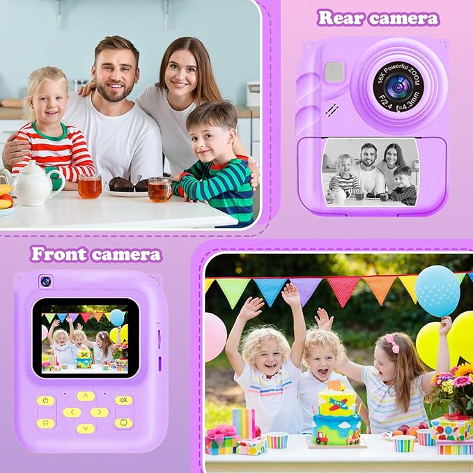 Instant Print Camera for Kids, 1080P Video Camera with 3 Print Rolls, 32GB Card & Cute Cover, Gift for Girls Boys Age 3-12, Toddler Digital Camera with Games, Filters, Music – Purple