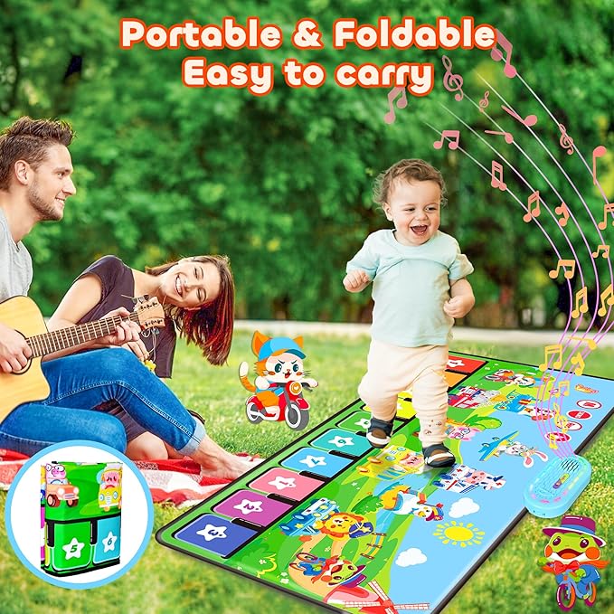MOMUSE Piano Music Mat with 80 Sounds, Large Animal Car Touch Blanket Playmat Carpet Musical Toddlers Toys 1-3, Floor Keyboard Dance Sensory Educational Mat Boys Girls Gifts for 1 2 3 4 5 Years Old