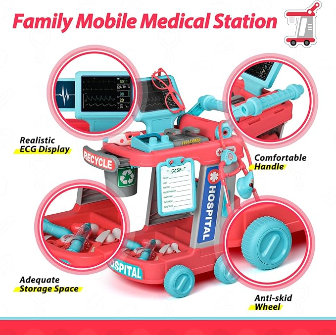 Liberry Doctor Kit for Toddlers Ages 2 3 4 5, Pretend Kids Doctor Playset with Cart, Costume and Stethoscope, Role Play Medical Toys Christmas Birthday Gift for Girls Boys (Red)