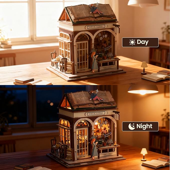 Book Nook Kit - DIY Miniature House Kit for Adults, Dollhouse Booknook Tiny House Bookshelf Decor 3D Wooden Puzzle Street Model, Ideal Gift for Book Lovers, Family, Friends (Book Store)
