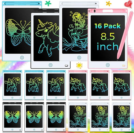 Epakh 16 PCS LCD Writing Tablet for Kids - 8.5 Inch Reusable Writing Board Drawing Doodle Pad Gift for Girl & Boy, Toddlers, Back to School, Birthday Party Favors(Black, White, Light Blue, Light Red)