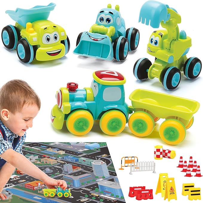 Toys for 3 Year Old Boys – 4 Friction Powered Trucks with Playmat & 16 Accessories – Push & Go Cartoon Construction Vehicle Set for Toddlers