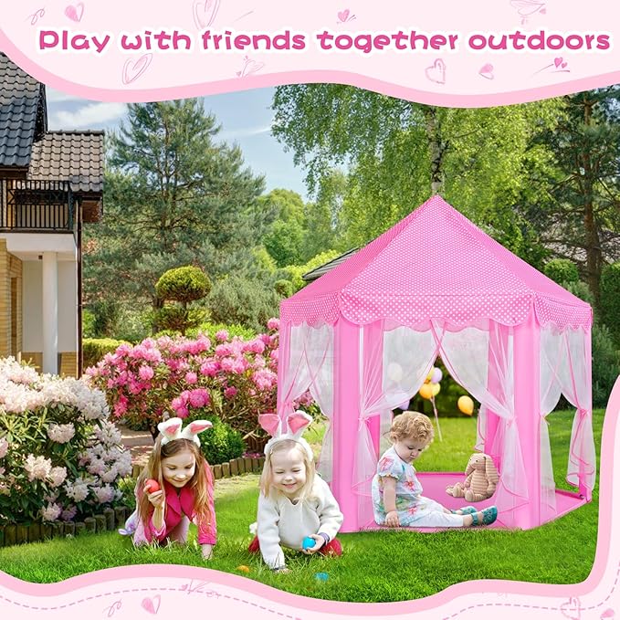 Monobeach Princess Tent Girls Large Playhouse Kids Castle Play Tent with Star Lights Toy for Children Indoor and Outdoor Games, 55'' x 53'' (DxH) (Pink Princess Tent with Play Mat)