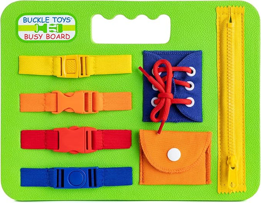 Buckle Toys Green Busy Board for 1 Year Old Toddlers Travel Essentials for Kids, Montessori Toys for 1 Year Old Baby to Develop Fine Motor Skills, Great for Road Trip Activities for Kids Sensory Toy