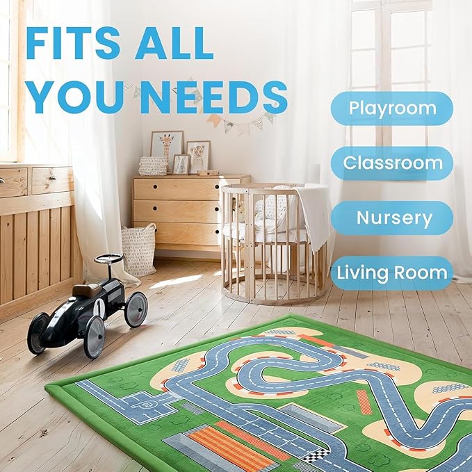 1.3" Thick Educational Baby Floor Play Mat 79x158, Basic Padded Memory Foam Kids Mat, Extra Large Non-Slip Plush Playmat for Nursery Playroom Classroom (Race Track)