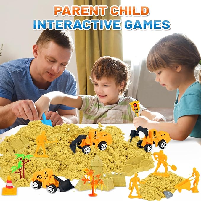 Play Sand Toys for Kids - 45pcs Playset with 1.1 lbs Realistic Sand, Truck Excavator Toy Vehicles, Including Construction Site Mat, Airplane Train Car Mold Kit and Other Accessories