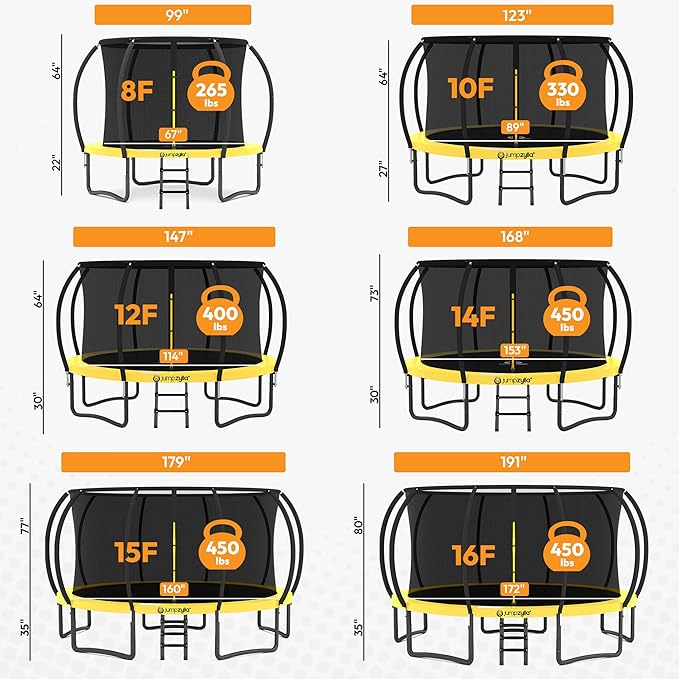 JUMPZYLLA Trampoline Outdoor 8FT 10FT 12FT 14FT 15FT 16FT with Enclosure and Ladder, ASTM Approved Recreational Trampoline for Kids and Adults, Anti-Rust Coated Frame