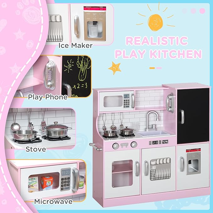 Qaba Play Kitchen, Kids Kitchen Playset Pretend Play Toy Kitchen with Play Phone, Chalkboard, Towel Rack, Ice Maker, 5 Accessories, Storage Space, Microwave & Sink, Gift for 3-8 Years, Pink