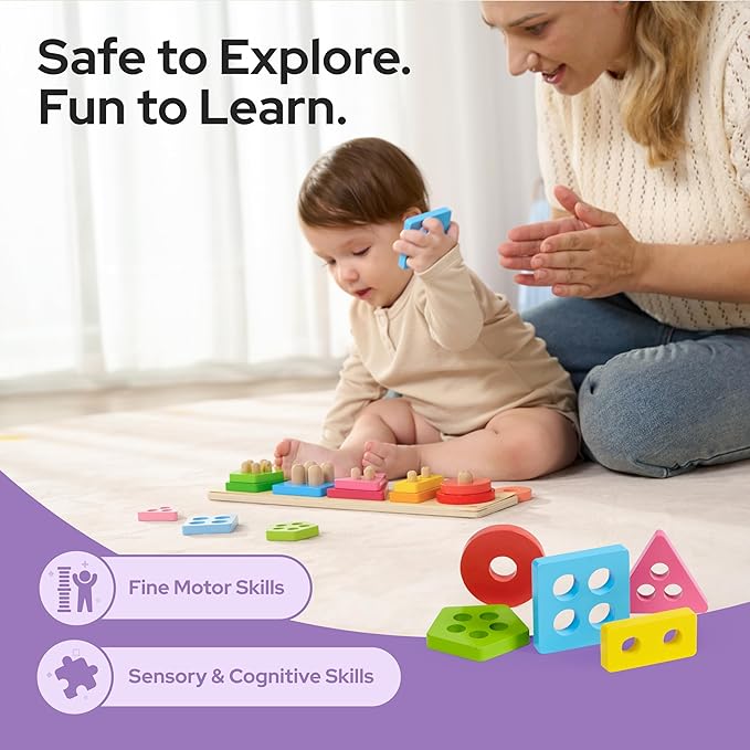 lalalark Montessori Toys for 1 2 3 Year Old Boy Girl, Wooden Sorting & Stacking Toys, Shape Sorter Baby Toy, Educational Sensory Toys for Kids, Wooden Blocks for Toddler 1-3, Christmas Birthday Gifts