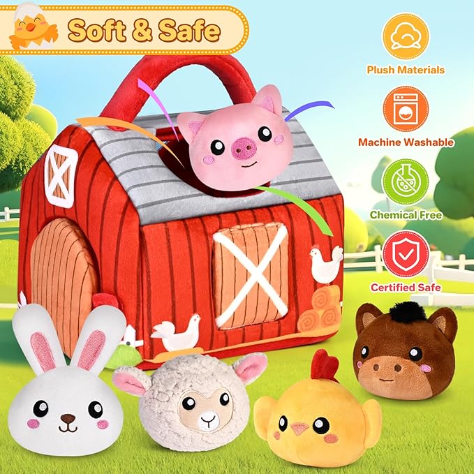 Baby Toys 0-6 6-12 Months, Plush Big Red Barn with Farm Animals, Soft Sensory Toys with Crinkle, Rattles for 0-3-6-9-12 Month Newborn Infant, Christmas Easter Birthday Gifts for Baby Boys Girls﻿