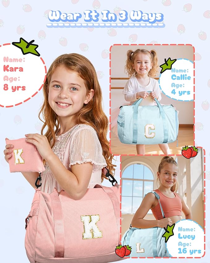 Cute Preppy Stuff for Daughter, Girls Gym Bag, Kids Personalized Dance Bags with Shoe Compartment, Customized Travel Tote with Toiletry Bag, Gifts for Teenager (Letter D)