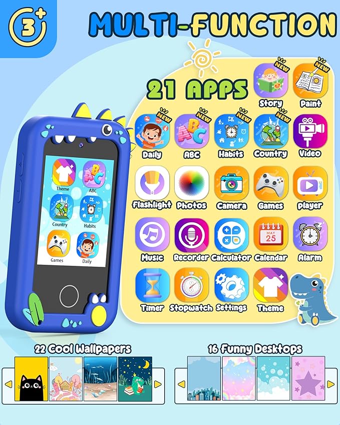 UCIDCI Dinosaur Kids Smart Phone Toys for Boy Dual Camera & Music Player Toddler Selfie Phone Toys Road Trip Toys with Learning Games, Christmas, Birthday Gifts for 3 4 5 6 7 Year Old Blue