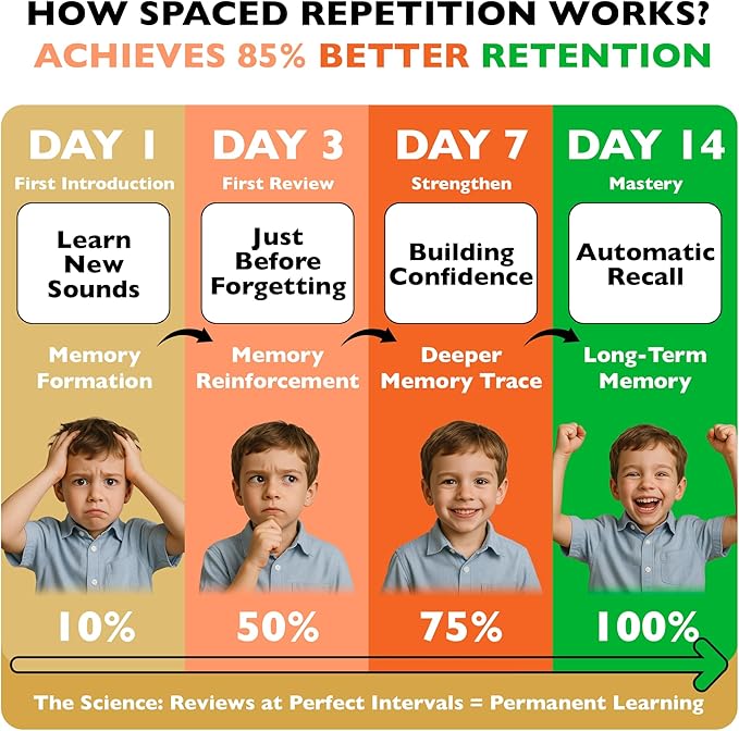 Phonics Flash Cards with Proven Spaced Repetition Learning System - Learn to Read in 20 Phonic Stages - Digraphs CVC Blends Long Vowel Sounds Phonics Games for Kids Ages 4-8 Kindergarten 1st 2nd Grade