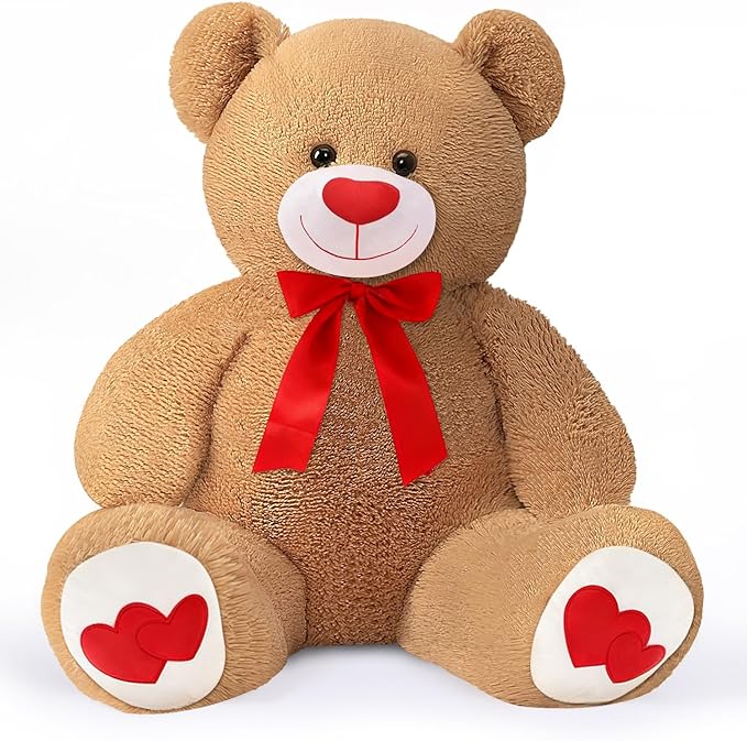 Big Teddy Bear 43.3 inch Giant Stuffed Animal Bears with Love Heart Cute Soft Large Plush Toy for Kids Girlfriend Valentine's Baby Shower, Light Brown