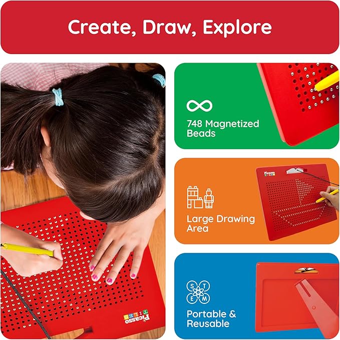 PicassoTiles Toys Magnetic Drawing Board 12x10 inch Large 748 Bead Magnet Tablet Pad Erasable Reusable Writing Playboard STEM Toys Educational Playset Open-Ended Learning Kit PTB01