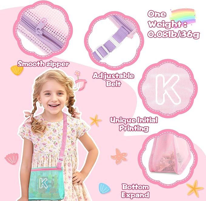 3Pcs Personalized Kids Beach Shell Bag, Initial Seashell Mesh Zipper Beach Pouch, Shell Collecting Bag for Holding Shells with Adjustable Straps, Sand Toys Swim Pouch Gift for Girl Boy Teens(Letter K)