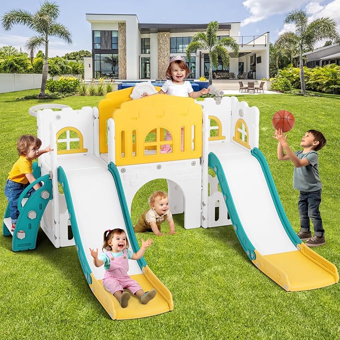 JOYLDIAS 9 in 1 Toddler Slide, Toddler Playground with Double Slides, Climber,Basketball Hoop,Tunnel, Telescope, Storage Space and Non-Slip Step, Indoor Outdoor Backyard Playset for Toddlers Age 1-3+