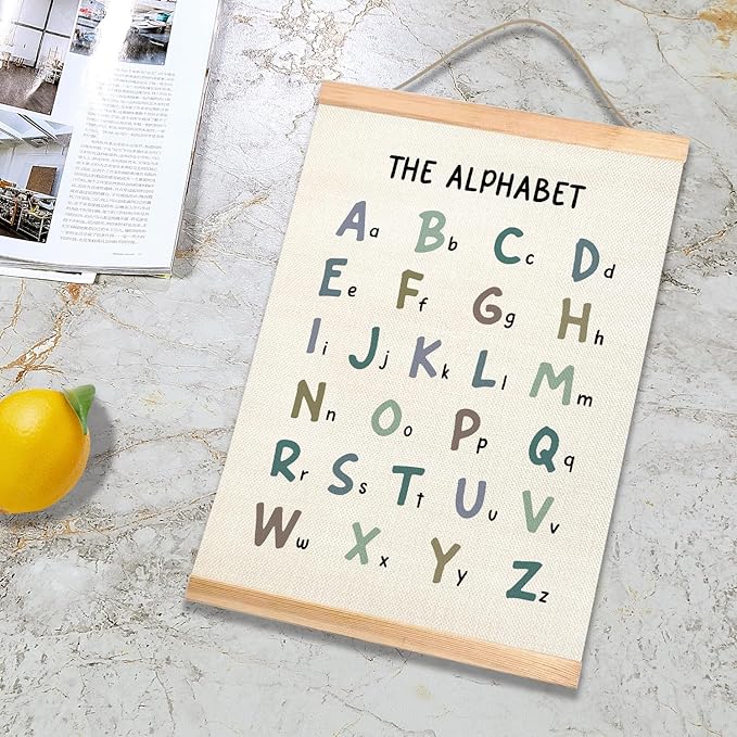 Kids Alphabet and Numbers Learning Posters Set of 2,18.5x14 Inch Linen&Canvas Educational Wall Art with Wood Hanger, ABC 123 Chart for Toddlers Classroom Nursery Playroom Decor (Colored Font)