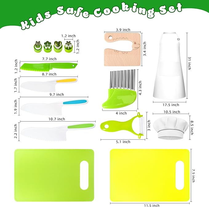 Kids Knife Set for Real Cooking 15Pcs Montessori Kitchen Toys for Toddlers Cooking Sets with Plastic Children Safe Knives Crinkle Cutter Cutting Board Kids Apron Chef Hat Gifts Toddler Toys