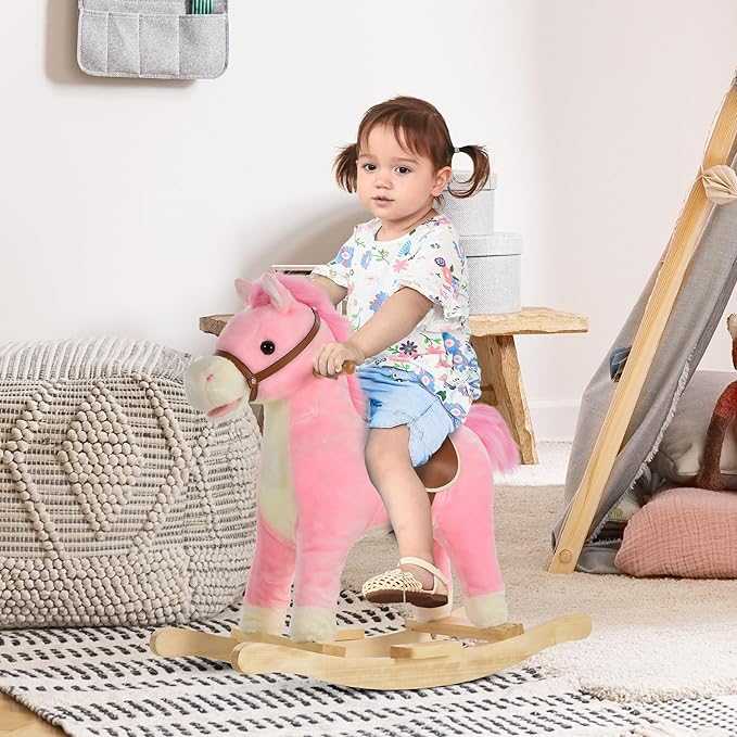 Qaba Rocking Horse Plush Animal on Wooden Rockers, Baby Rocking Chair with Sounds, Moving Mouth, Wagging Tail, Pink