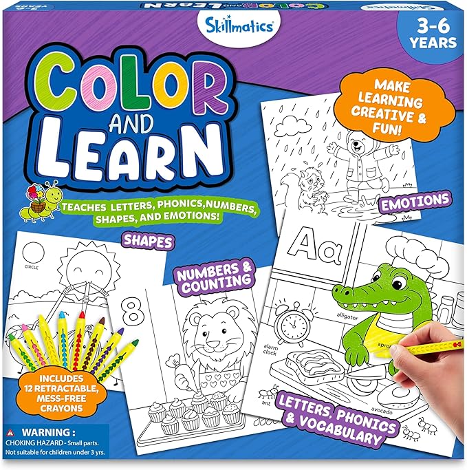 Skillmatics Coloring Book - 50 Tear-Out Pages and 12 Retractable Mess-Free Crayons, Learn Letters, Numbers, Phonics and Shapes, Educational Gift for Toddlers and Preschoolers Ages 3, 4, 5, 6