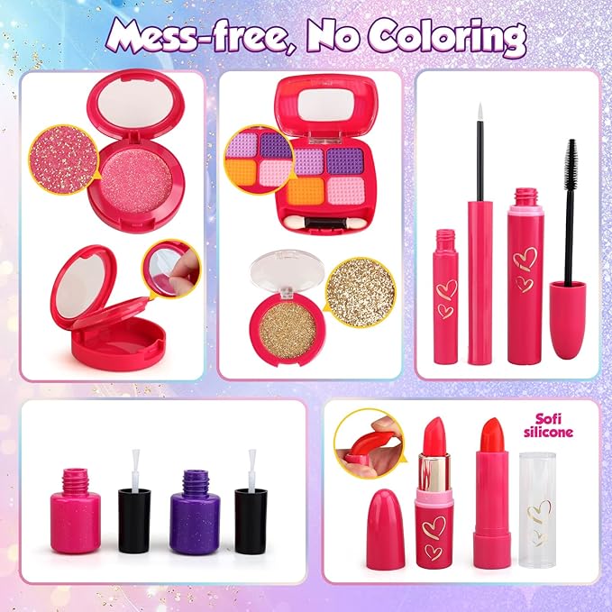 Pretend Makeup for Toddlers, Play Makeup Kit for Little Girls Age 3-5, Mermaid Toy with Fake Make up Set for Kids, Christmas Birthday Gifts for 3 4 5 Year Old Girl