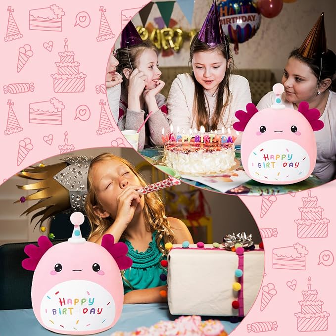 SQEQE Happy Birthday Axolotl Plush Axolotl Stuffed Animal Toy Pink Birthday Plushies Home Decor for Girls Boys Kids(14 Inch)