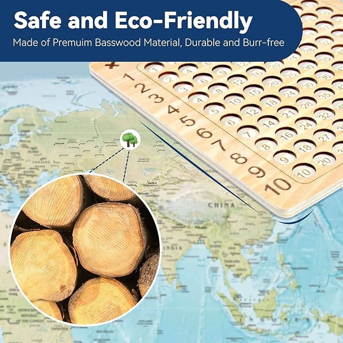 BAKAM Wooden Multiplication Board Math Game for Kids 8-12, Math Manipulatives Set with 100PCS Flash Cards for Kids 6-8 Years Old, Montessori Counting Toy Preschool Learning