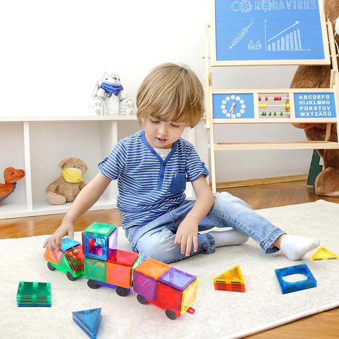Magnetic Tiles Cars Construction Set - 4 PCS Magnetic Tiles Magnet Bricks Truck Sensory Toys, Educational Magnet Cars Set Building Blocks for 3 4 5 6 7 8+ Year Old Girls Boys