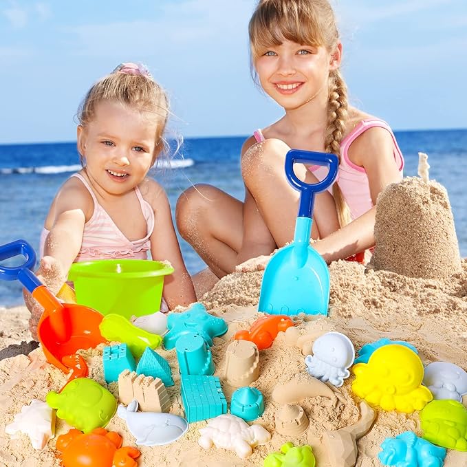 TOY Life 29 Pcs Dinosaur Beach Toys Sand Toys Toddlers with Castle Bucket Shovels & Sand Castle Building Kit Molds, Sandbox Toy Travel, Beach Party, Fishing, Summer Toy Activities