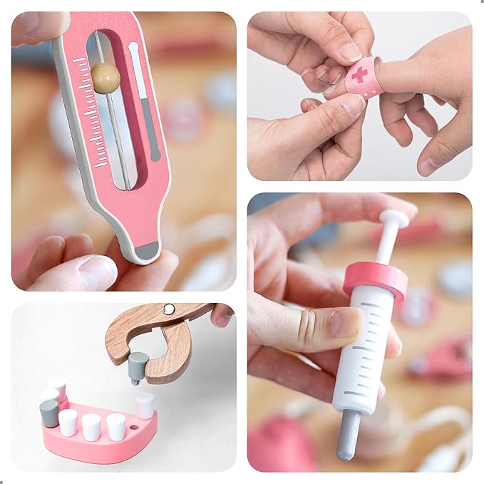 UMU® Wooden Doctor Kit for Kids – Doctor & Dentist Play Set for Toddlers with Dr Coat, Stethoscope, Tooth Model & More – Dress Up & Pretend Play – Medical Toy for Girls Ages 3 4 5 6