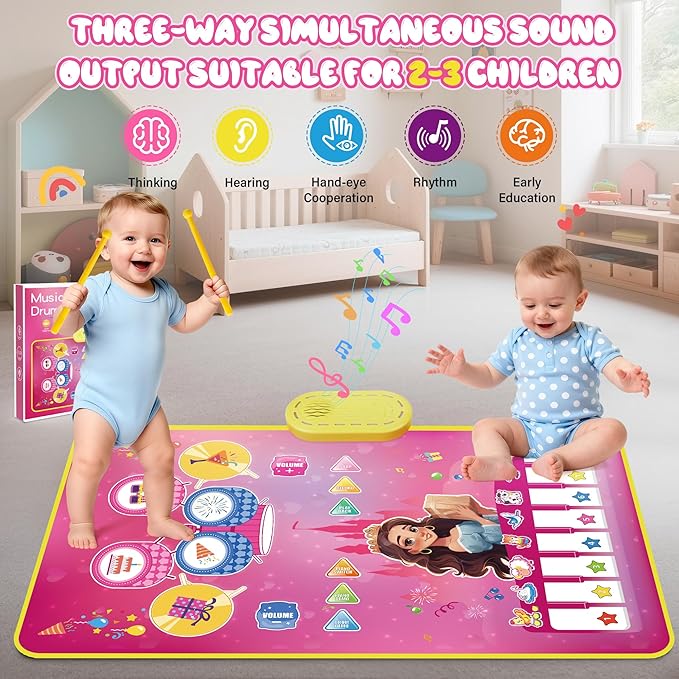 Piano Mat Toddler Baby Girl Toys, 3-in-1 Piano Drum Kids Musical Play Mat Infant Music Toys 12-36 Months, Baby Birthday Gifts Early Learning Toy for 1 2 3 Years Old Boy Girls