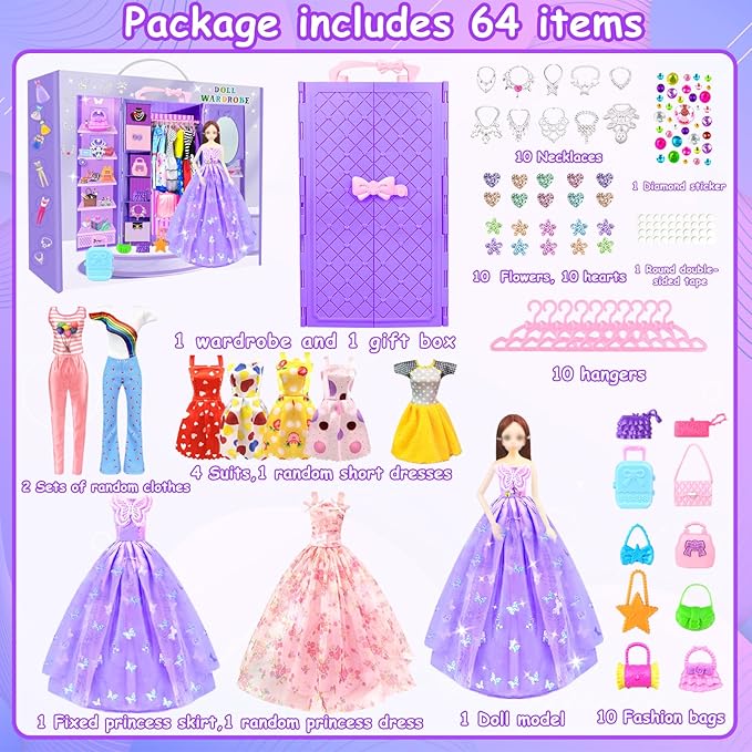 65Pcs Doll Clothes and Accessories with Doll Closet for 11.5 Inch Doll Dress up Set with 1 Doll Fashion Dresses Outfits Tops and Pants Shoe Rack Bags Gift Toy for Girls 4 5 6 7 8 9 10 Years